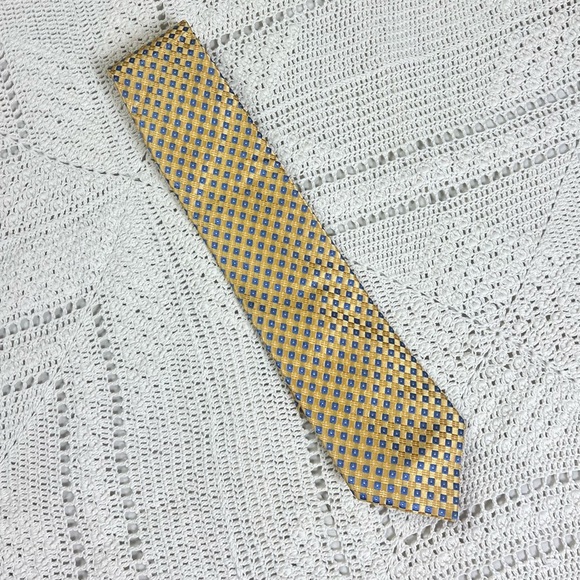 Hathaway Men's Tie 100% Silk Yellow Blue 58L x 3.75W Necktie Work Dress Checker - Picture 1 of 4